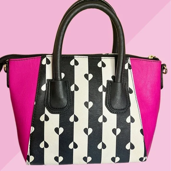 Betsy Johnson Pink w”/Black & White Heart Pattern Handbag - Picture 2 of 4